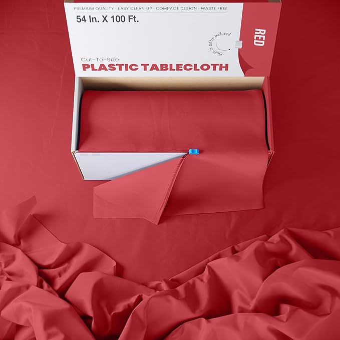 Party Solids 54 Inch X 100 Feet Red Plastic Table Cover Roll in A Cut - to - Size Box with Convenient Slide Cutter. Cuts Up to 12 Rectangle 8 Feet Plastic Disposable Tablecloths