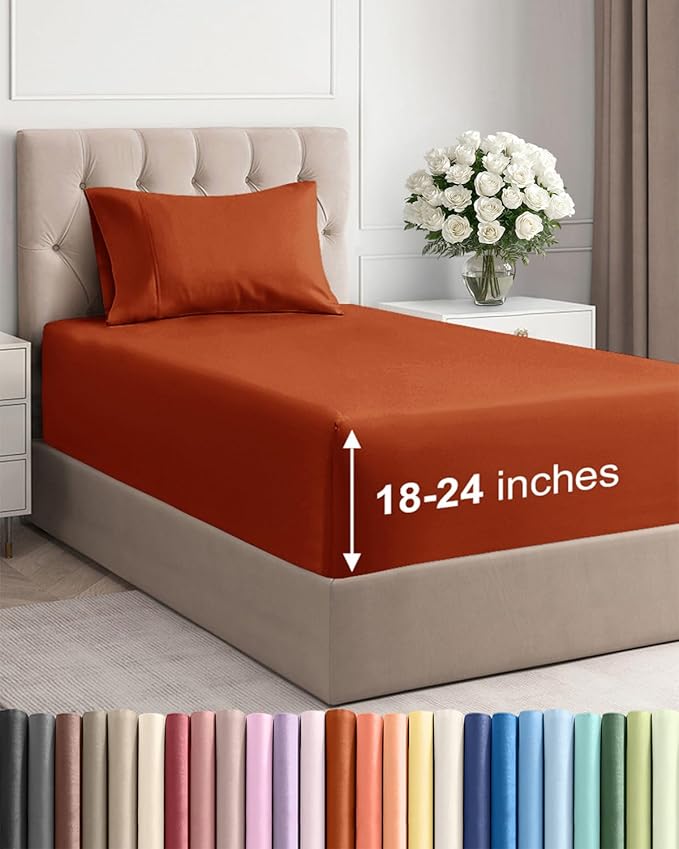Extra Deep Pocket Twin XL Sheets - 3 Piece Breathable & Cooling Bed Sheets - Hotel Luxury Bed Sheet Set - Soft, Wrinkle Free & Comfy - Easily Fits Extra Deep Mattresses - Deep Pocket Terracotta Sheets