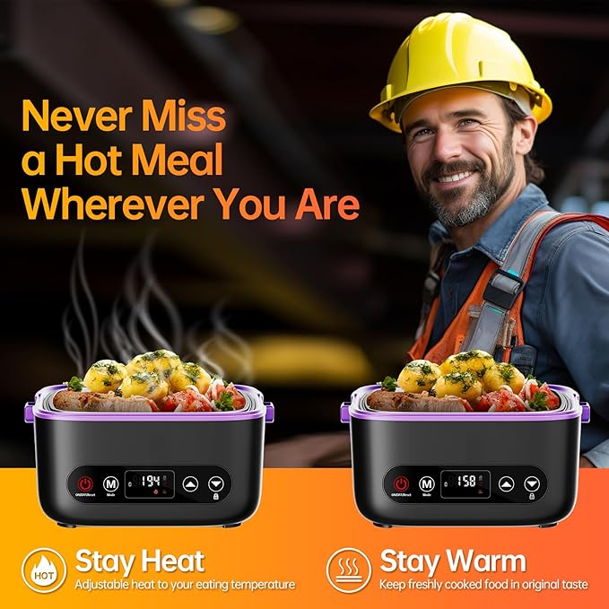 Cordless Electric Heated Lunch Box, 2x1.2L Portable Food Warmer Upgared 5D Surround Heat Tech 6x4000mAh Battery Powered with Dual Insulated Bag, 100W Automatic Heating 220째F Max BPA Free for Men
