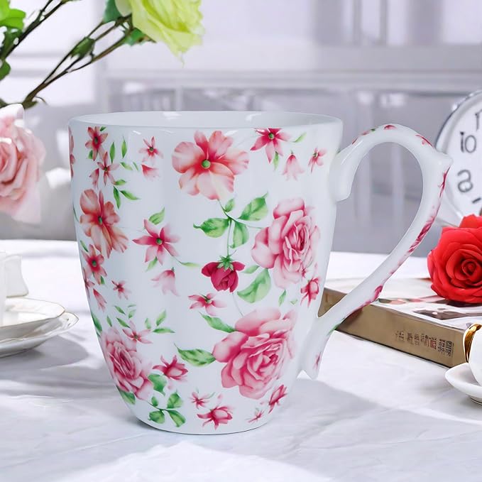 14oz Bone China Coffee Mugs for Women Floral Coffee Mug Tea Cups Novetly Coffee Cups Gift for Women Mom Friends