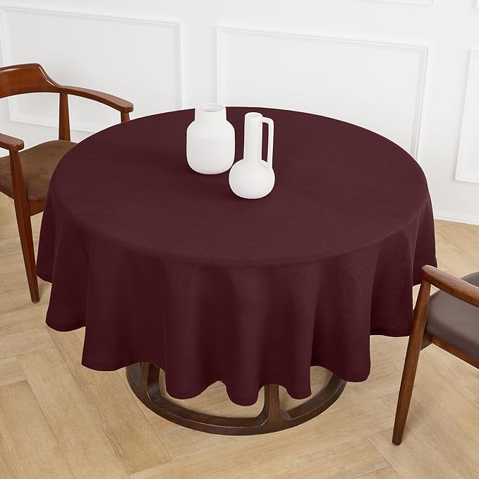 Solino Home Linen Round Tablecloth 70 Inch - 100% Pure Linen Burgundy Round Tablecloth - Machine Washable Table Cloth for Christmas, New Year - Sonoma