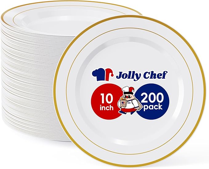 JOLLY CHEF 200 Pieces Gold Plastic Plates, 10 Inch Elegan Disposable Plates White Plate with Gold Rim,Plastic Plates for Christmas?갃irthdays and Weddings