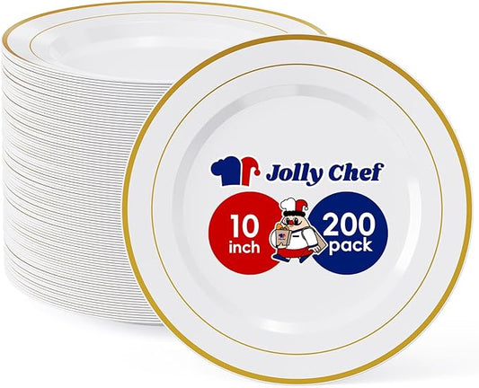 JOLLY CHEF 200 Pieces Gold Plastic Plates, 10 Inch Elegan Disposable Plates White Plate with Gold Rim,Plastic Plates for Christmas?갃irthdays and Weddings
