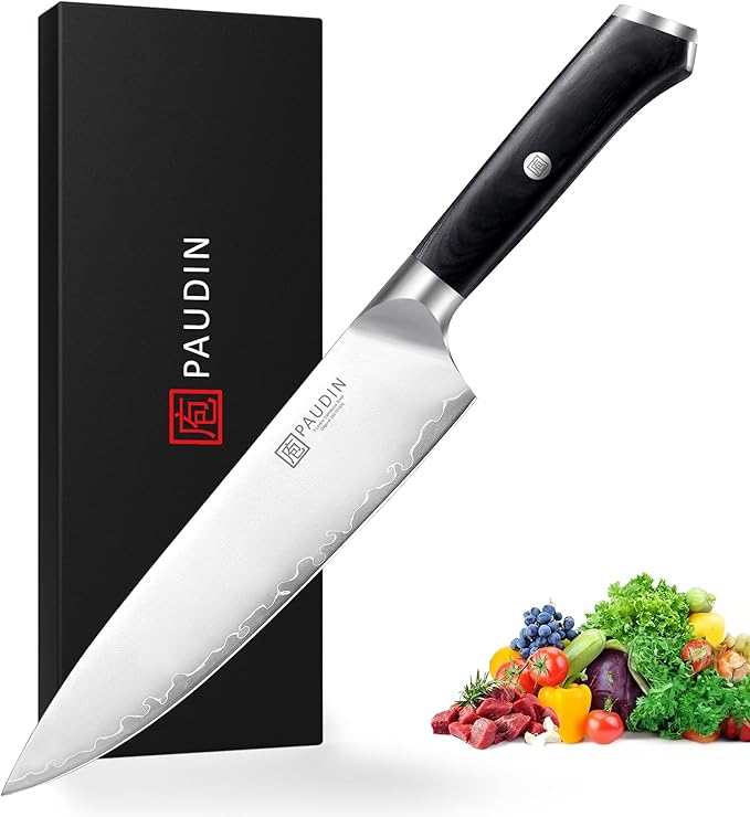 PAUDIN Chef Knife, 8 Inch High Carbon Steel Kitchen Knife, Professional Chefs Knife with Ergonomic Wooden Handle, Ultra Sharp Knife for Meat Vegetable Cutting