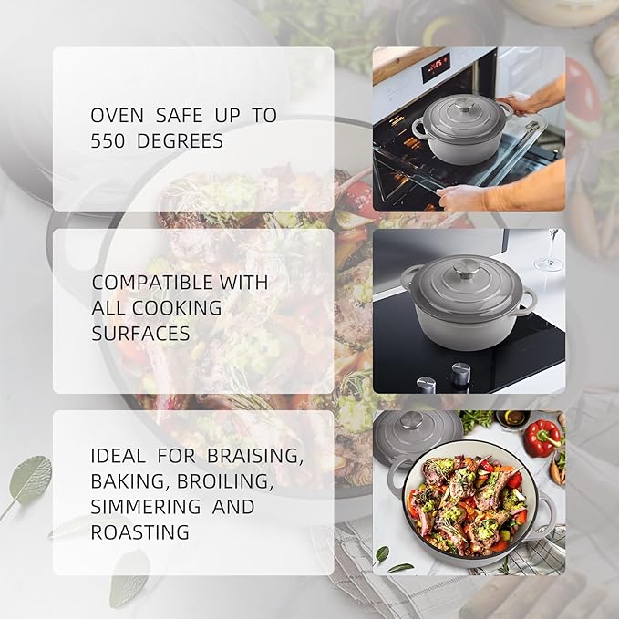 3 Quart Dutch Oven Enameled Cast Iron with Lid - Big Dual Handles - Oven Safe up to 500째F - Classic Round Pot for Versatile Cooking Light Gray