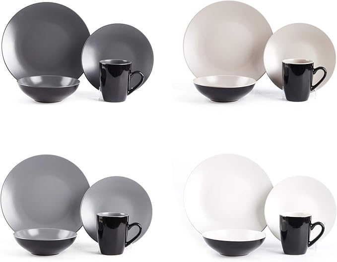 Colors Life 16pc Dinnerware Set, Very Cool - 4 Assorted Colors of Grey, Light Grey, Light Beige and White