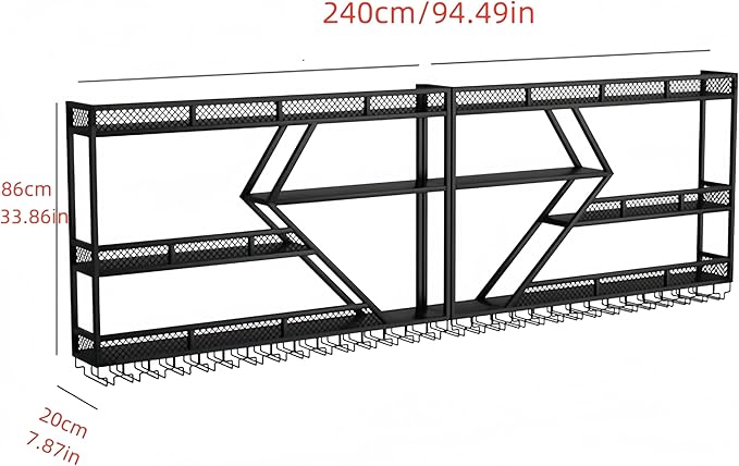 94 Inch Metal Wine Rack Wall Mounted, Modern Bar Shelves Wall Mounted Wine Rack with LED Light, Liquor Shelf Wall Mounted, Bar Shelves for Liquor Bottles (Black with Warm Led, 94-3 Tier)