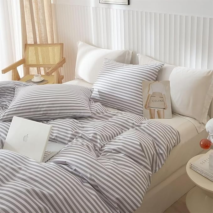 Queen Comforter Set Grey White Stripes Comforter 3 Pieces Fluffy Soft Lightweight Bedding Comforter for All Season Down Alternative Comforter Boho Farmhouse Bedding Striped Comforter Set