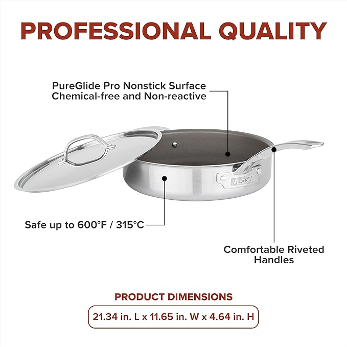 Viking PureGlide Pro 3-Ply Nonstick Saut챕 Pan with Lid, Made without PFAS, 4.5-Quart Induction Deep Frying Pan with Helper Handle, Metal Utensil Safe Titanium Nonstick Surface, Oven Safe to 600F
