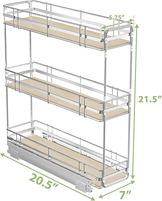 ROOMTEC 3-Tier Pull Out Cabinet Organizer Spice Rack for Narrow Cabinet 7" W x 20쩍" D, Slide Out Wood Shelves Storage for Kitchen