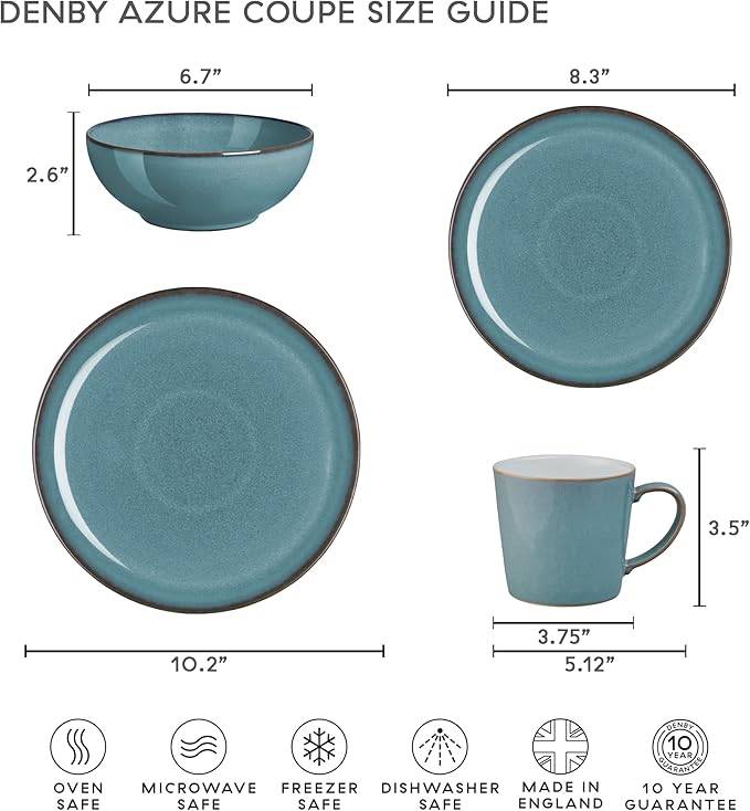 Denby - Azure Coupe Blue Large Coffee Mug -13.5 Ounce Stoneware Tea Cup Mug For Office & Home - Dishwasher Safe, Microwave Safe - Ceramic Tea Cups With Blue Glaze, Chip, Scratch Resistant For Everyday