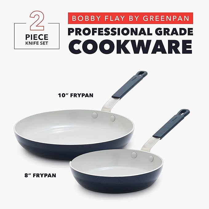 GreenPan x Bobby Flay 2 Piece- 8??and 10??Nonstick Frying Pan Skillet Set, PFAS-Free Diamond Ceramic, Induction Suitable, Stay-Cool Silicone Handle, Easy Clean Dishwasher & Oven Safe, Oxford Blue