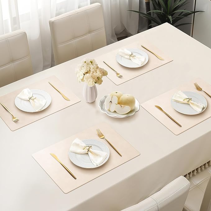 Roxifina Faux Leather Placemats Set of 8 - Vinyl Placemats Wipeable Waterproof Oil-Proof PU Place Mats Heat Resistant Reversible Table Mats for Dining, Kitchen, Outdoor, 12 x 17 Inch (Beige)