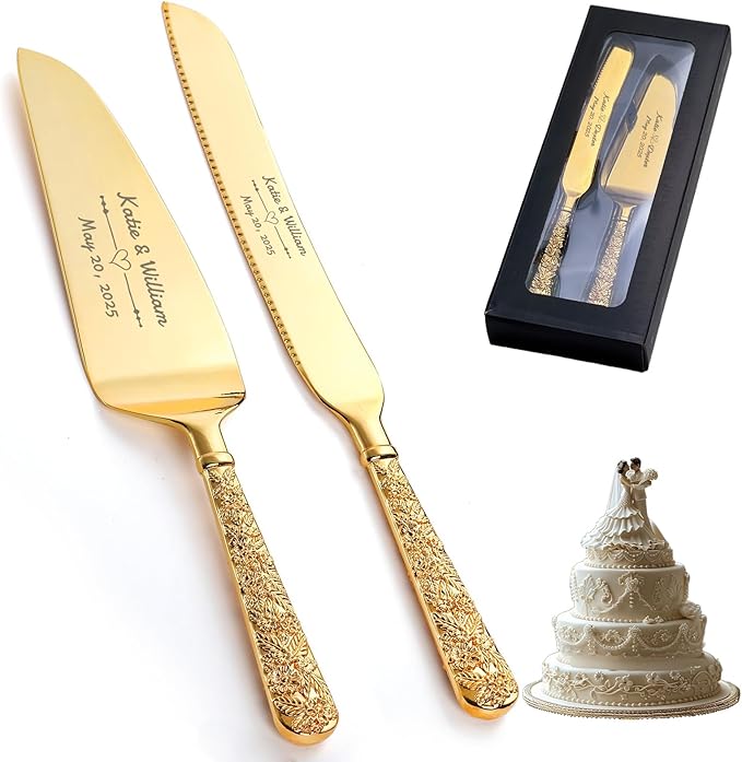 HJX Personalized Cake Knife and Server Set for Wedding - Engraved Stainless Steel Cake Cutting Set, Custom Elegant Cake Cutter Gift for Anniversary Birthday (03-Dark pattern flower)