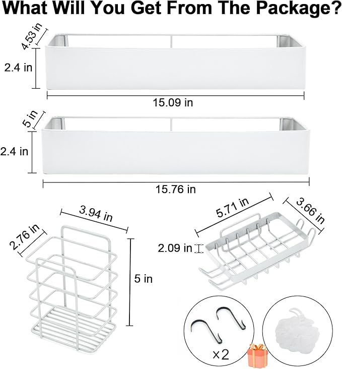 Premium Shower Caddy, Adhesive Bathroom Shower Organizer and Storage, No Drill Shower Shelves for Inside Shower, Rustproof Shower Storage Rack 4 Pack White