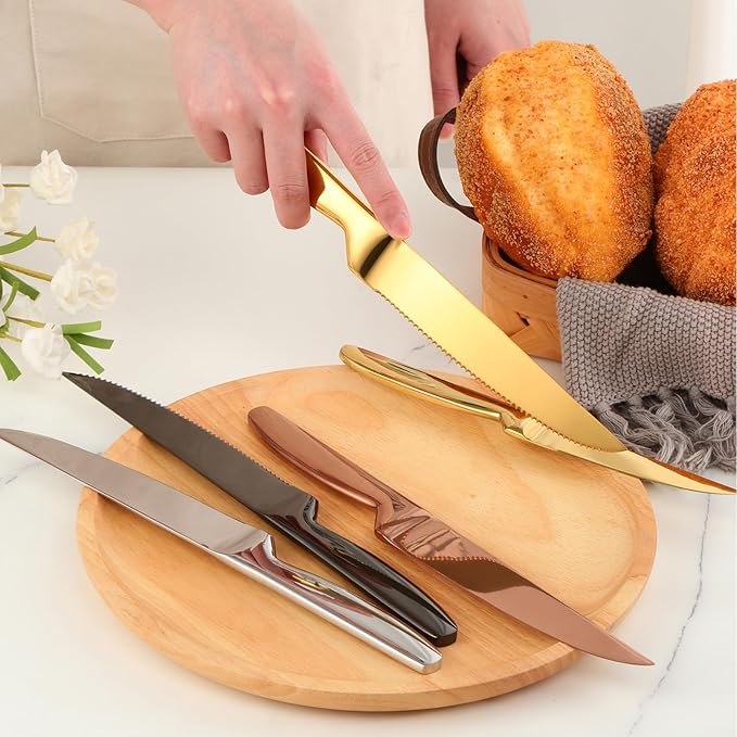 Gold Steak Knives Set of 6, Stainless Steel Serrated Kitchen Knife Set, Heavy Duty Dinner Knives for Cutting Meat, Beef, 8.6 Inch, Dishwasher Safe