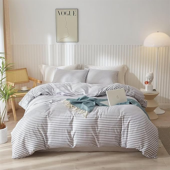 Queen Comforter Set Grey White Stripes Comforter 3 Pieces Fluffy Soft Lightweight Bedding Comforter for All Season Down Alternative Comforter Boho Farmhouse Bedding Striped Comforter Set