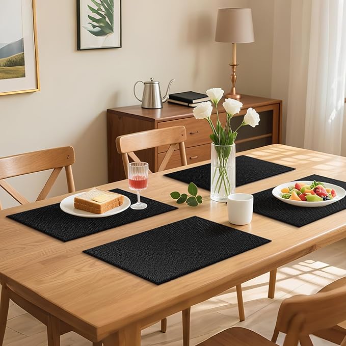 Blue Forest | Rectangular Faux Linen Placemats Set of 4 | Dual- Layered Thickened for Durability | Heat Resistant | Machine Washable | Wrinkle Free for Easy Care Indoor/Outdoor Use - Black