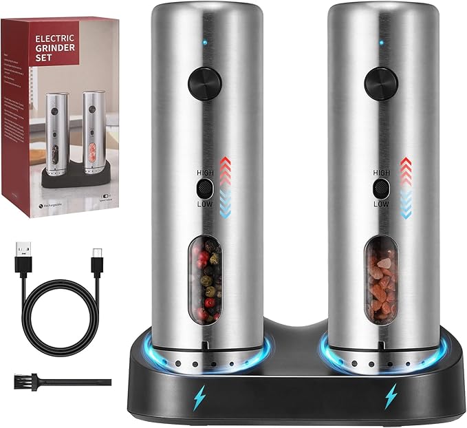 Electric Salt Grinder Set with Rechargeable Base Stainless Steel Grinders with Variable Grinding Speed, External Adjustable Coarseness and White LED Light, Silver