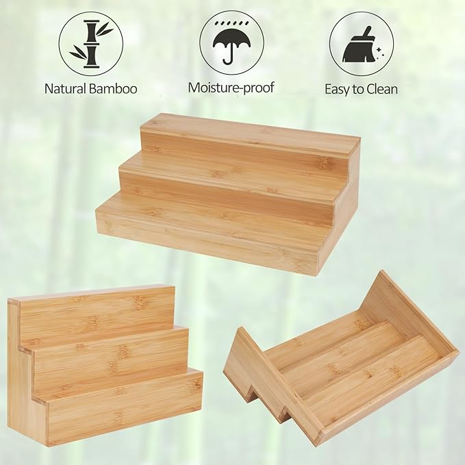 2 Pack Bamboo Spice Rack Organizer, 3 Tier Spice Riser for Cabinet, Wood Spice Stand for Countertop