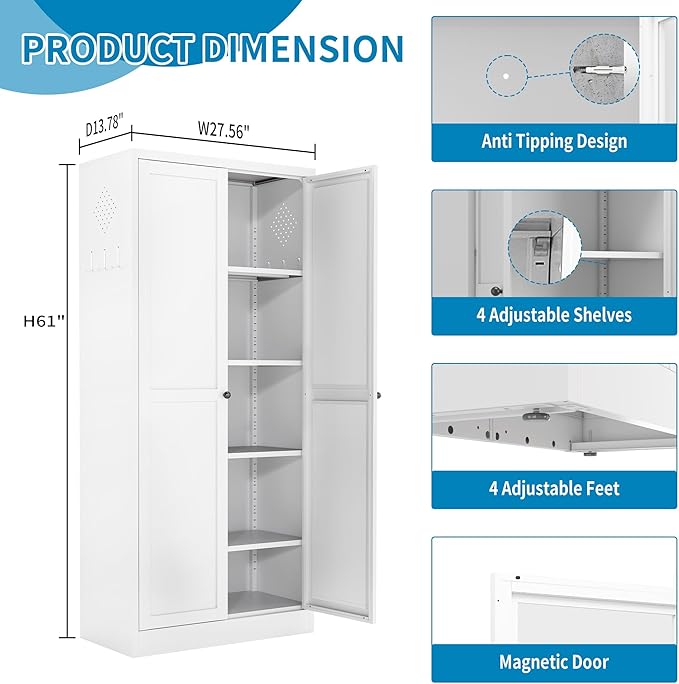 5-Tier White Steel Pantry Storage Cabinet with 2 Doors & 4 Adjustable Shelves, Tall Metal Cabinets for Kitchen, Living Room, Garage, Heavy Duty Freestanding Utility Cabinet, Assembly Require