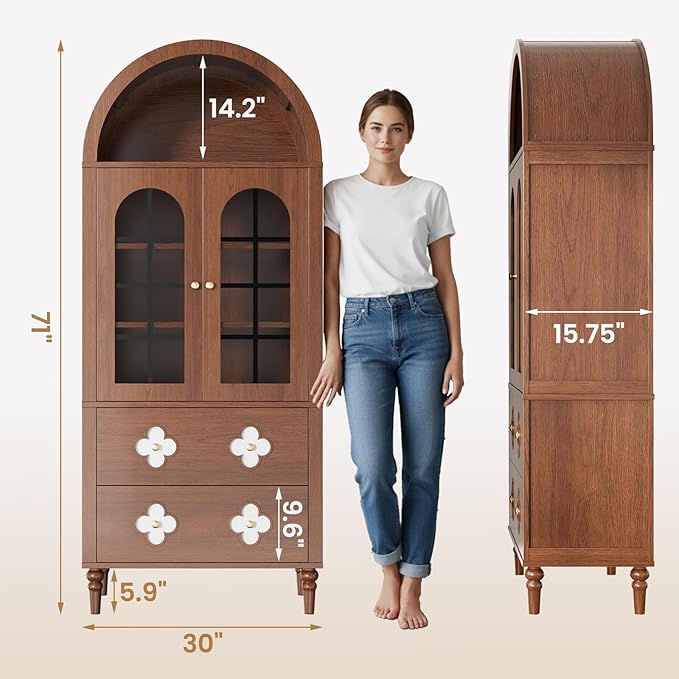MOPHOTO Arched Cabinet, 71 in Arched Cabinet with Glass Doors, Modern Versatile Pantry Storage Cabinet with 2 Large Drawers for Living Room, Kitchen, Dining Room