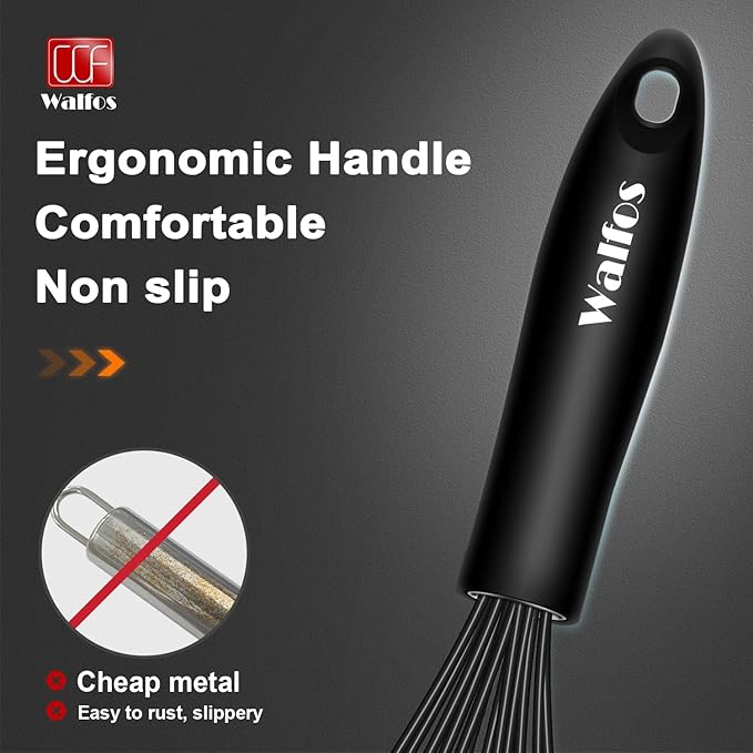 Walfos Silicone Whisk,Stainless Steel Wire Whisk Set of 3 -Heat Resistant 480째F Kitchen Whisks for Non-stick Cookware,Balloon Egg Beater Perfect for Blending,Whisking,Beating,Frothing & Stirring,Black