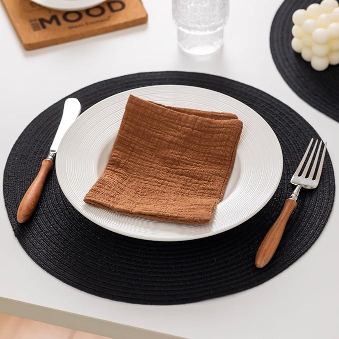 Round Placemats Set of 6 Woven Placemats Washable Braided Table Mats for Dining Table Heat Resistant Non-Slip Circle Place Mats(Black)