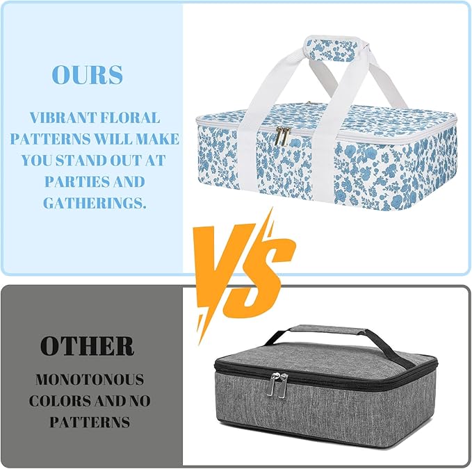 Insulated Casserole Carrier for Hot or Cold Food, Lasagna Lugger Tote Warmer or Cooler Bag, Casserole Dish Carrier for Potluck Parties, Picnic and Cookout, Fits 9"x13" Baking Dish(Blue Floral)