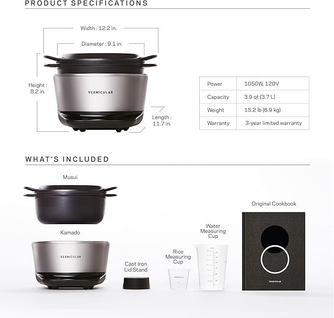 Vermicular Musui?밙amado (RICEPOT) | Cast Iron Induction Cooker | Precision Multicooker | Japanese Rice Cooker | Slow Cooker | Non-Toxic Enameled Cast Iron Pot | Matte Black & Silver | US Model (120V)