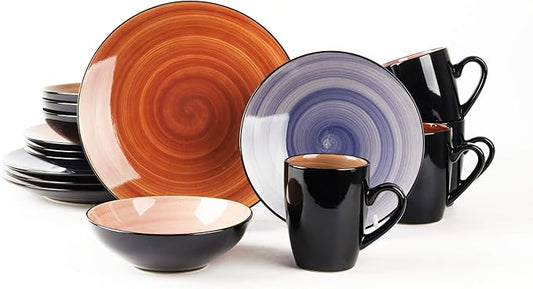 16-Piece Dinnerware Set - Serves 4, Black and Speckled Purple Plates & Bowls Set | Microwave & Dishwasher Safe Mix Cobalt, Mocha, Rose, Spice