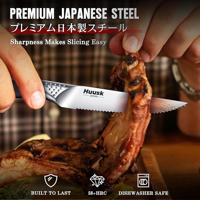 Huusk Serrated Steak Knives Set, 4.5" Japanese Stainless Steel Steak Knives Set of 12, Sharp Dishwasher Safe Dinner Knife for Kitchen Table, Christmas Gifts for Men Women