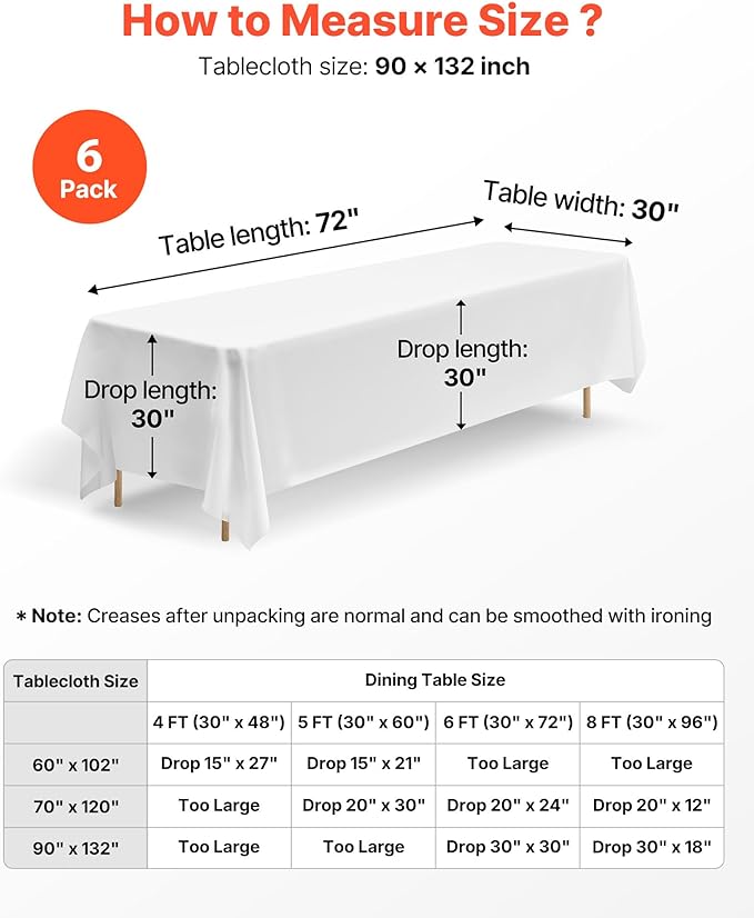 VEVOR White Tablecloths for Rectangle Tables, 6 Pack, 90 x 132 Inches, Reusable and Machine Washable Table Clothes, Wrinkle-Resistant Polyester Fabric Table Covers for Wedding, Party, Banquet