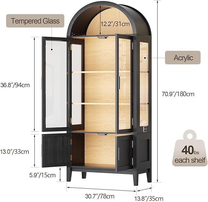 71" Kitchen Pantry Cabinet, Arched Bookcase China Pantry Storage Cabinet with Glass Doors and Shelves, Human Body Sensor, Versatile Cupboard for Kitchen, Living Room, Dining Room (Black)