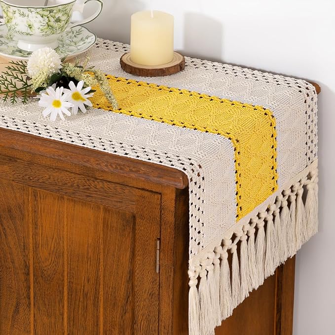 Socomi Boho Table Runner Valentine's Day Farmhouse Rustic Dining Kitchen Centerpiece Decor Small Macrame Woven Cotton Coffee Table Runner for Dresser Scarf Home Decor 12x72 in Yellow Gold Ivory