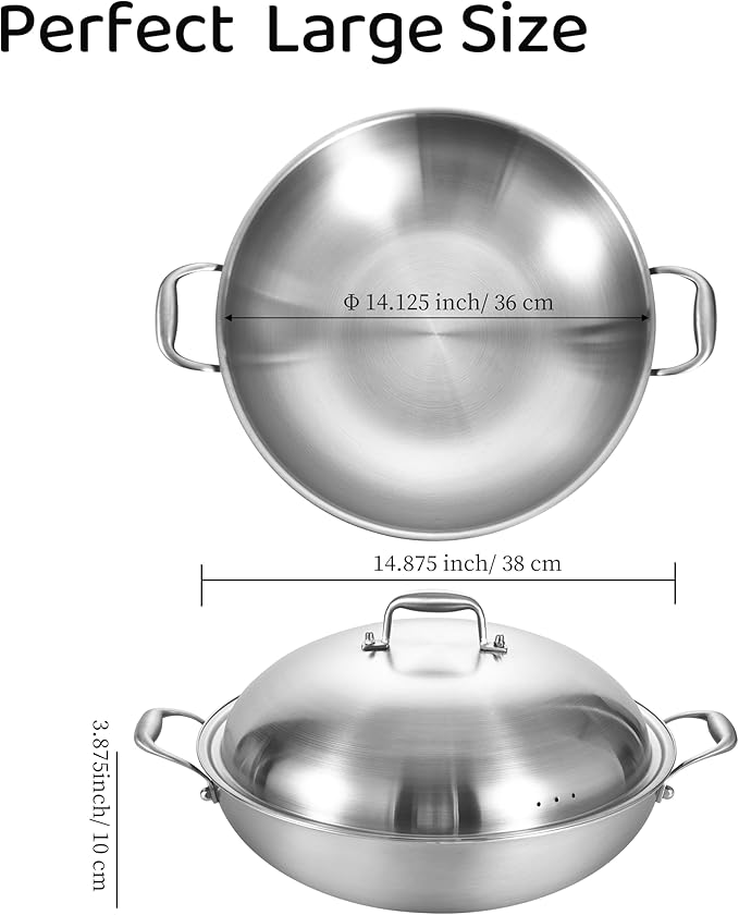 LOLYKITCH 14.5 Inch Tri-Ply Stainless Steel Wok Pan with Steel Lid,Deep Frying Pan,Jumbo Cooker,Induction Cooking Pan,Dishwasher and Oven Safe