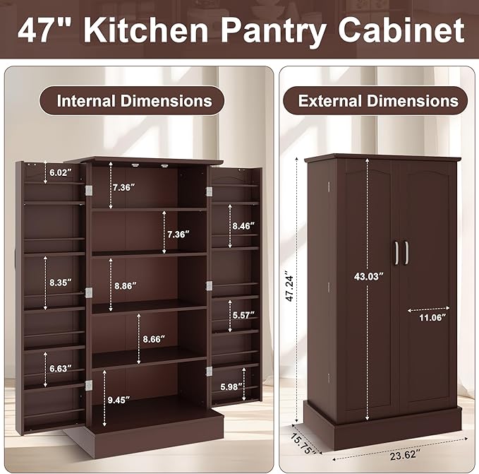47??Pantry Cabinet, Kitchen Pantry Storage Cabinet with Doors & Adjustable Shelves, Brown Freestanding Buffet Cupboards Sideboard for Living Room and Dinning Room, Sturdy and Durable