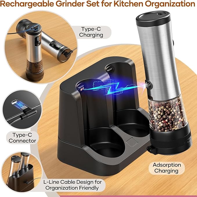 Electric Salt and Pepper Grinder Set With Battery Display Rechargeable Base, External Adjustable Coarseness, Automatic Ceramic Salt & Pepper Shakers Mills(Black Pro)