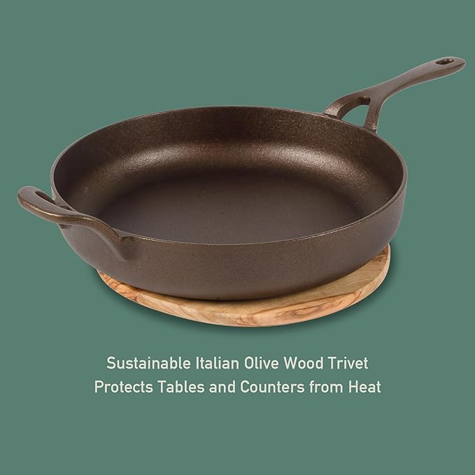 Bloomhouse - Two Time Oprah's Favorite Things Winner - Natural Bronze Finish 10" Cast Iron Skillet w/Long Handle, Helper Handle & Olive Wood Trivet ??Olive Oil Treated Fry Pan, Oven & Stovetop Safe