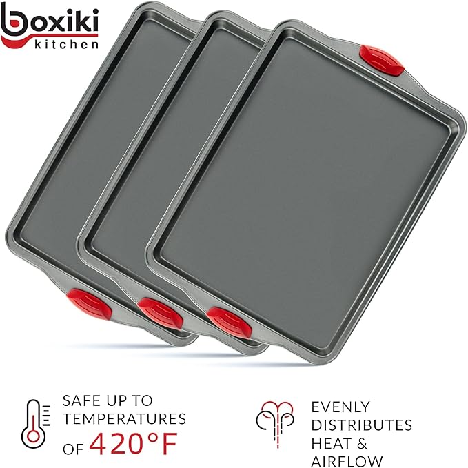 Premium Nonstick Baking Sheet Pans ??Set of 3, Heavy-Gauge Carbon Steel, Warp, Dent, and Rust-Resistant ??Gourmet Rimmed Half Cookie Sheet Trays, Non-Toxic for Exceptional Baking Performance