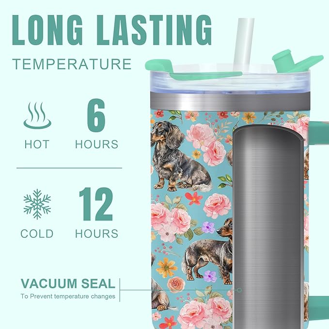 Yogusut Dachshund Gifts for Women, 40oz Stainless Steel Insulated Tumbler Travel Mug Cup with Handle Straw, Gifts for Dog Mom Dog Lover