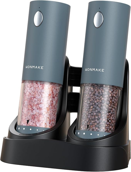 Electric Salt and Pepper Grinder Set - Automatic Refillable Salt and Pepper Grinders with Charging Base & LED Light, 6-Level Adjustable Coarseness with External Dial, Ideal Kitchen Gadget竊똁lue