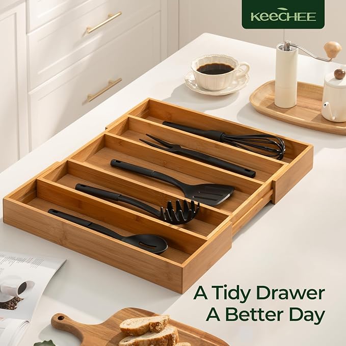 Carbonized Bamboo Kitchen Drawer Organizer, 5 Slots Expandable Silverware Organizer, Utensil Holder & Cutlery Tray, 2.2" Deep for Extra Capacity, Non-Slip Feet Included