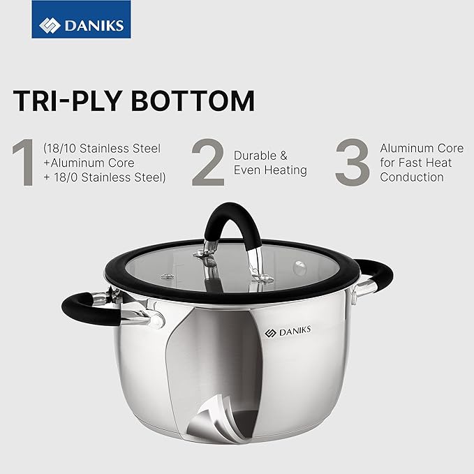 Daniks Orlando 11-Piece Stainless Steel Cookware Set with Glass Lids, Includes Saucepan and Frying Pan, Tri-Ply Bases for Even Heating, Induction Compatible, Dishwasher Safe, Heatproof Handles