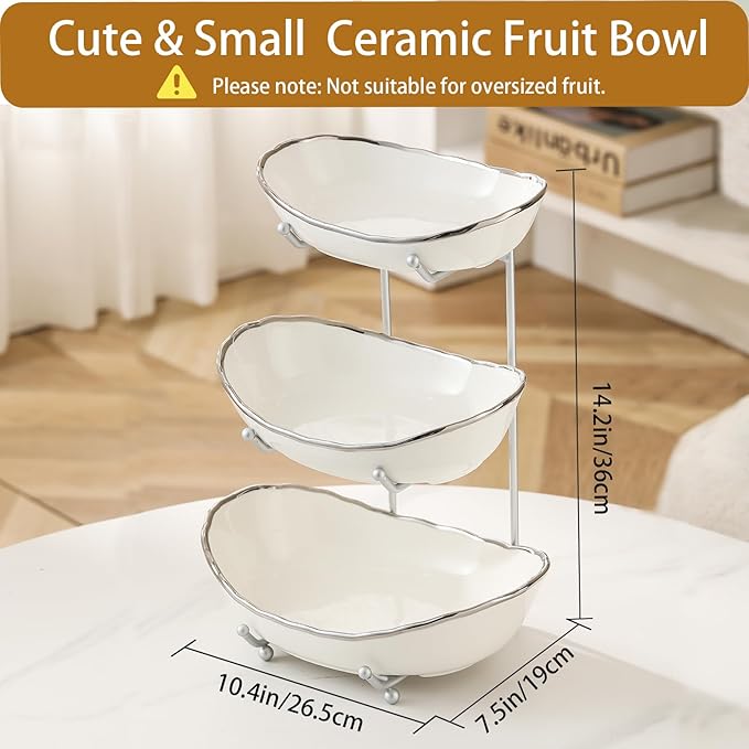 Ceramic Fruit Bowl for Kitchen Counter - 3 Tier Fruit Basket with Metal Stand, Tiered Fruit Stand for Countertop, Snack, Nuts, Cake, Dessert, Cute (Silver-rimmed, Small)