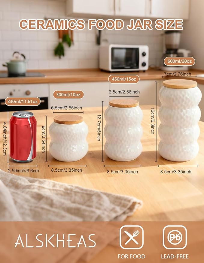 Ceramic Canister Set of 3, Kitchen Canisters for Countertop, White Food Storage Containers with Lids for Coffee, Bean, Sugar, Tea, Spices and More, Home Decor