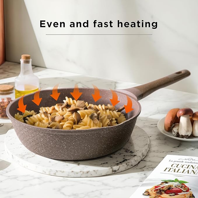 Pots and Pans set for cooking nonstick, 10Pcs, Durable Aluminum cookware set, PFOA-free, Kitchen pans set with glass lid, Induction safe, Taupe (10)