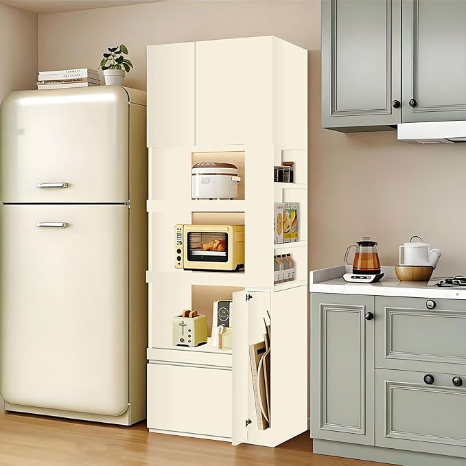 LINLIUA 71'' Tall Kitchen Pantry Cabinet, Wood Pantry Storage Cabinet with Doors, 3 Pull-Out Shelves and Drawer, Modern Slim Kitchen Hutch for Dining Room Small Space