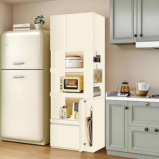 LINLIUA 71'' Tall Kitchen Pantry Cabinet, Wood Pantry Storage Cabinet with Doors, 3 Pull-Out Shelves and Drawer, Modern Slim Kitchen Hutch for Dining Room Small Space