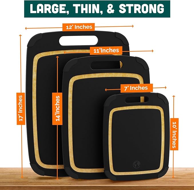 Earth?셲 Dreams Wood Cutting Board Set 3-Piece: Small, Large & Extra Large - Charcuterie Board, Non-Plastic, Non-Toxic, Heavy-Duty, Dishwasher Safe (Black/Tan)